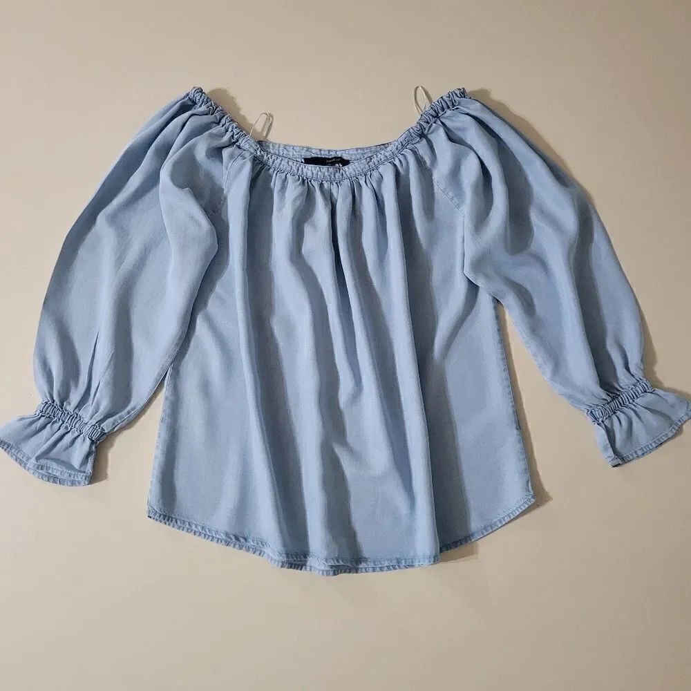 Harvé Benard Women's Off Shoulder Chambray Denim Long Sleeve Blouse
